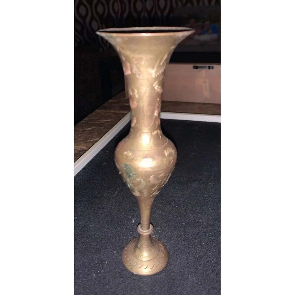 Vintage Solid Brass Small Vase 6 Inch - Etched